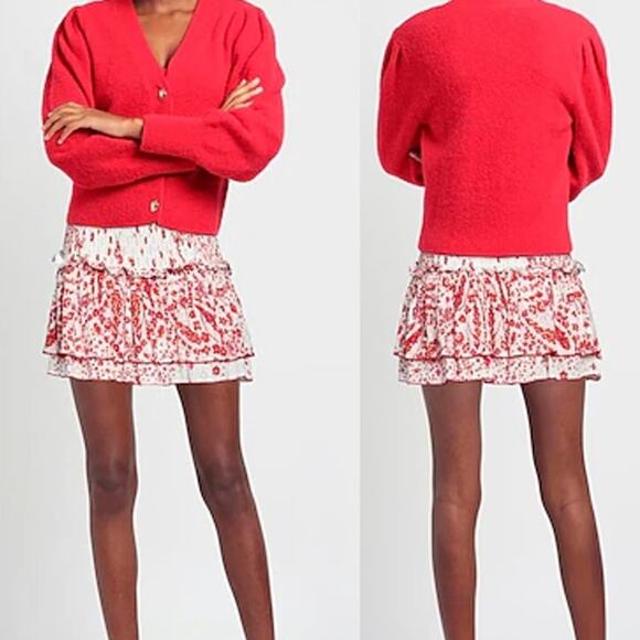 NWT Poupette St Barth Rayon Georgette Print Smocked Mini Skirt White/Red S